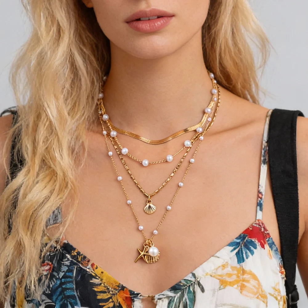 4Pcs/Set Trendy Imitated Pearl Scallop Starfish Pendant Necklace for Women Charms Ladies Daily Flat Snake Choker Fashion Jewelry