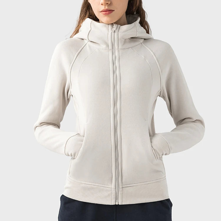 New Warm Interior Velvet Workout Sweater Women's Short Hooded Zip Loose Yoga Sports Hooded Sweater