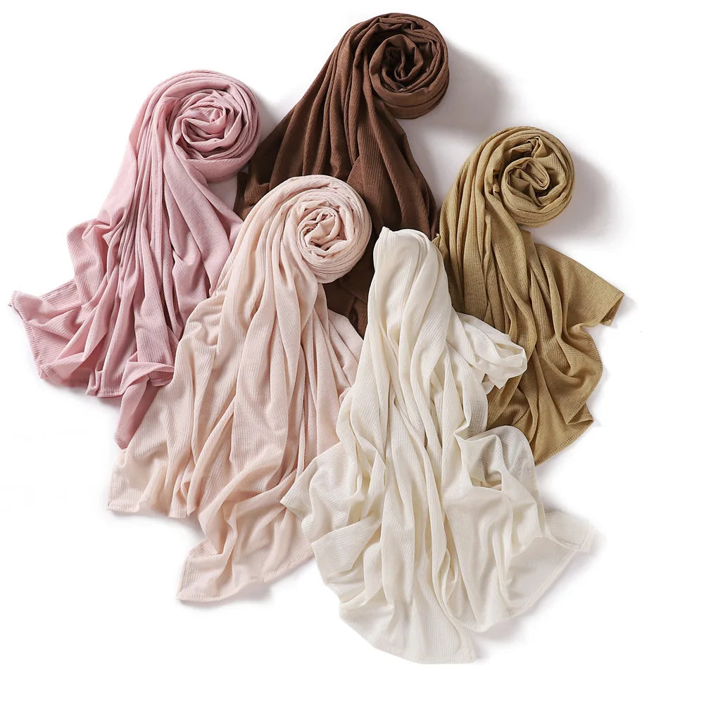 Wholesale Newest Solid Color Plain Elastic Breathable Jersey Hijabs Muslim Islamic Women Long Soft Striped Plain Jersey Scarf