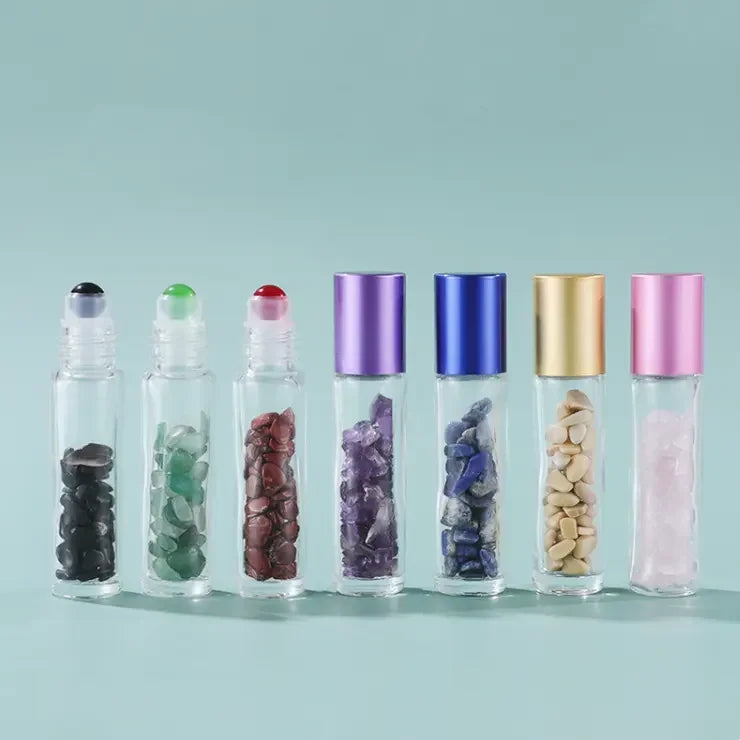 Hot Sale Custom Box logo Perfume Roller Bottles Chips Essential Oil Glass 5ml 10ml Roll on Bottle with Gemstone Roller Balls