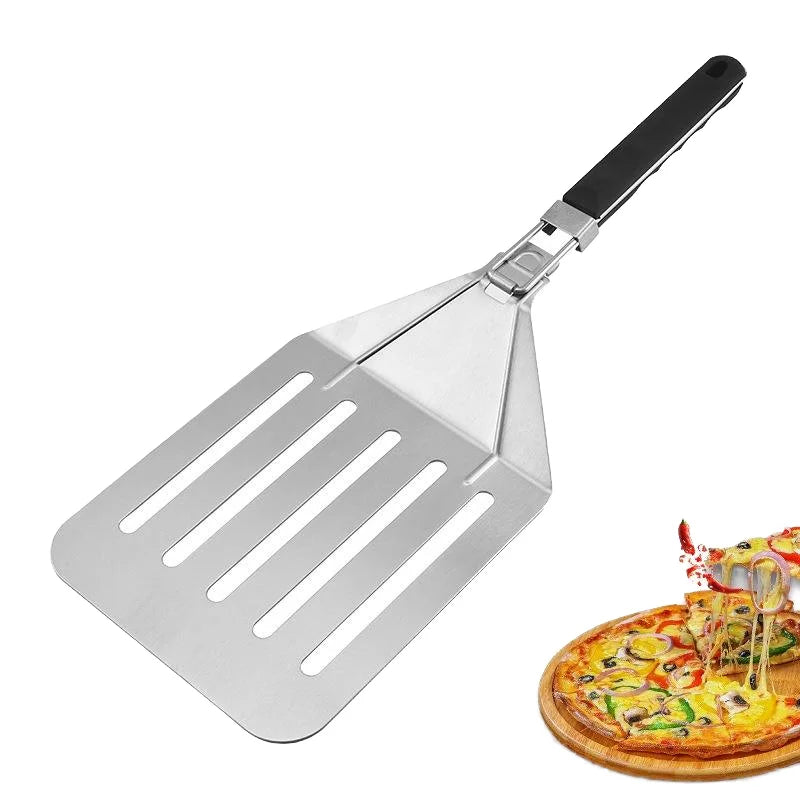 YINHAO Custom Logo 430 Stainless Steel Large Size Pizza Peel Cheese Pizza Spatula Turner Shovel Slotted Peel with Folding Handle