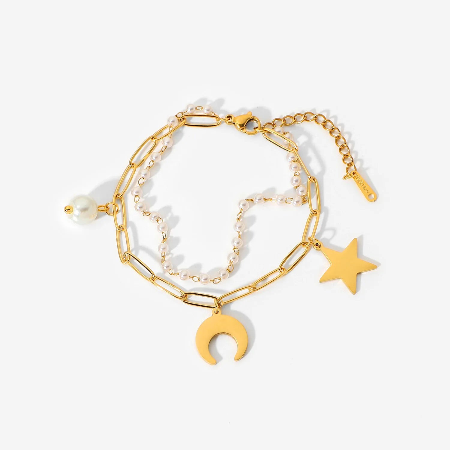 Factory Direct Sales Gold-plated Stainless Steel Star Moon Pearl Pendant Double Layer Bracelet