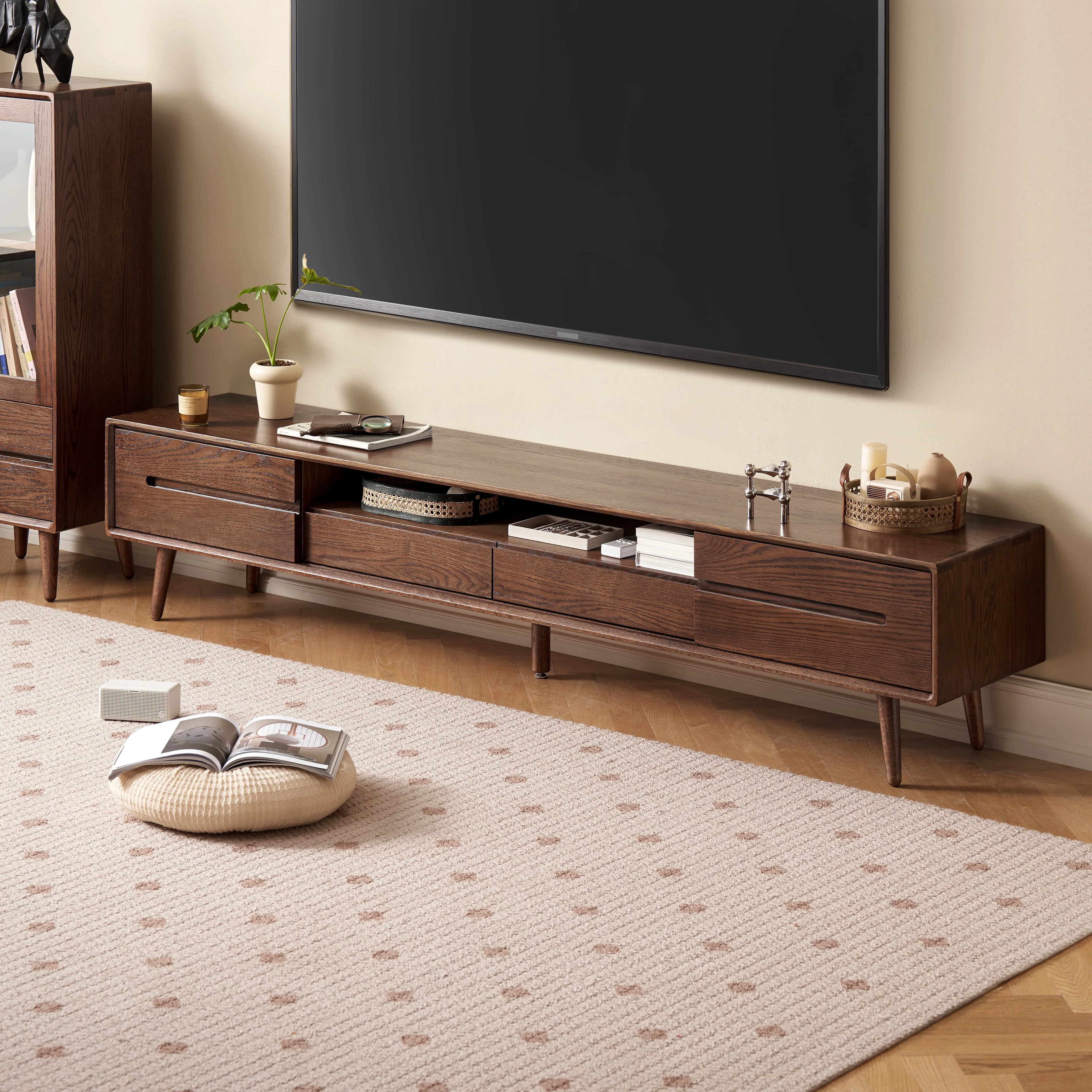 A1081 Natural Style Tv Stands Modern Trendy Solid Red Oak Wood Tv Display Stand with Drawer and Open Storage Space