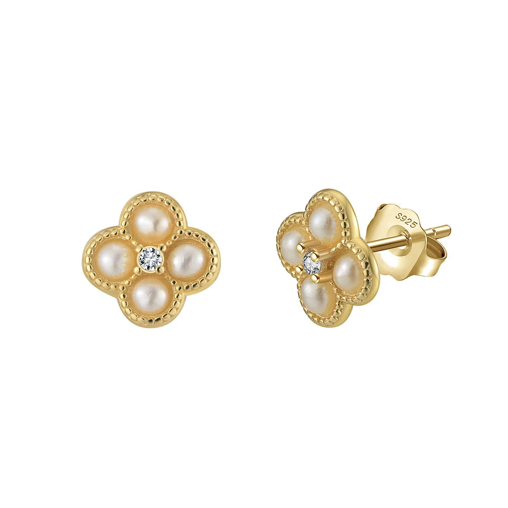 RINNTIN GPE111 Four-leaf Clover Pearl Earrings Cultured Freshwater Pearl Mini Stud Earrings