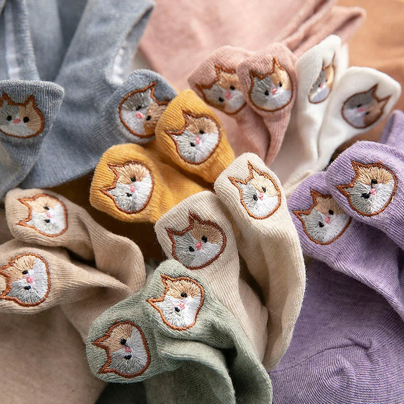Women's Ankle-Length Short Socks Three-dimensional Kitten Ears Embroidery Cartoon Animal Pattern 100% Cotton Breathable Knitted