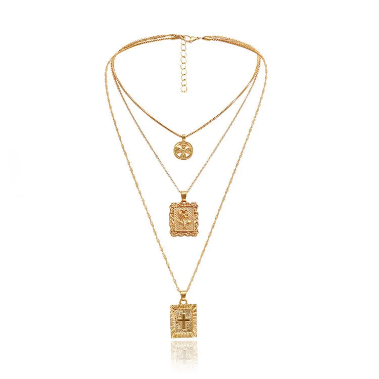 Wholesale Promotion Gift Rose Flower Custom Women Fashion Necklaces Jewelry Long Jesus Multi Layered Gold Necklace