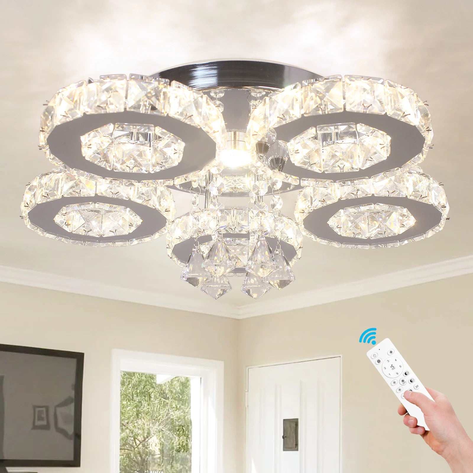Dimmable 3 Colors Changeable Modern 5-Ring Crystal Ceiling Light Surface Mount Ceiling Chandelier with Remote Control