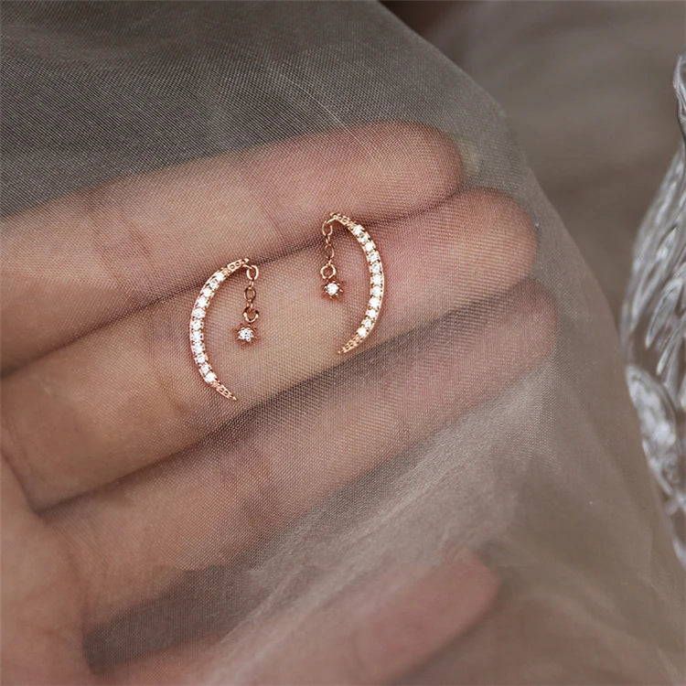 2025 Moon and Star Rose Gold Plated 925 Sterling Silver Trendy Charm Earrings