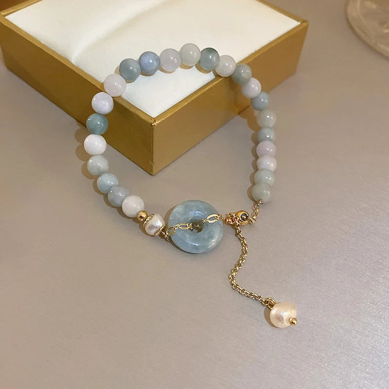 Peach Flower Jade Bracelets for Women Girls Chinese Fashion Ancient Red Agate Beads Charm Bracelet Woven Hand Rope Jewelry Gift