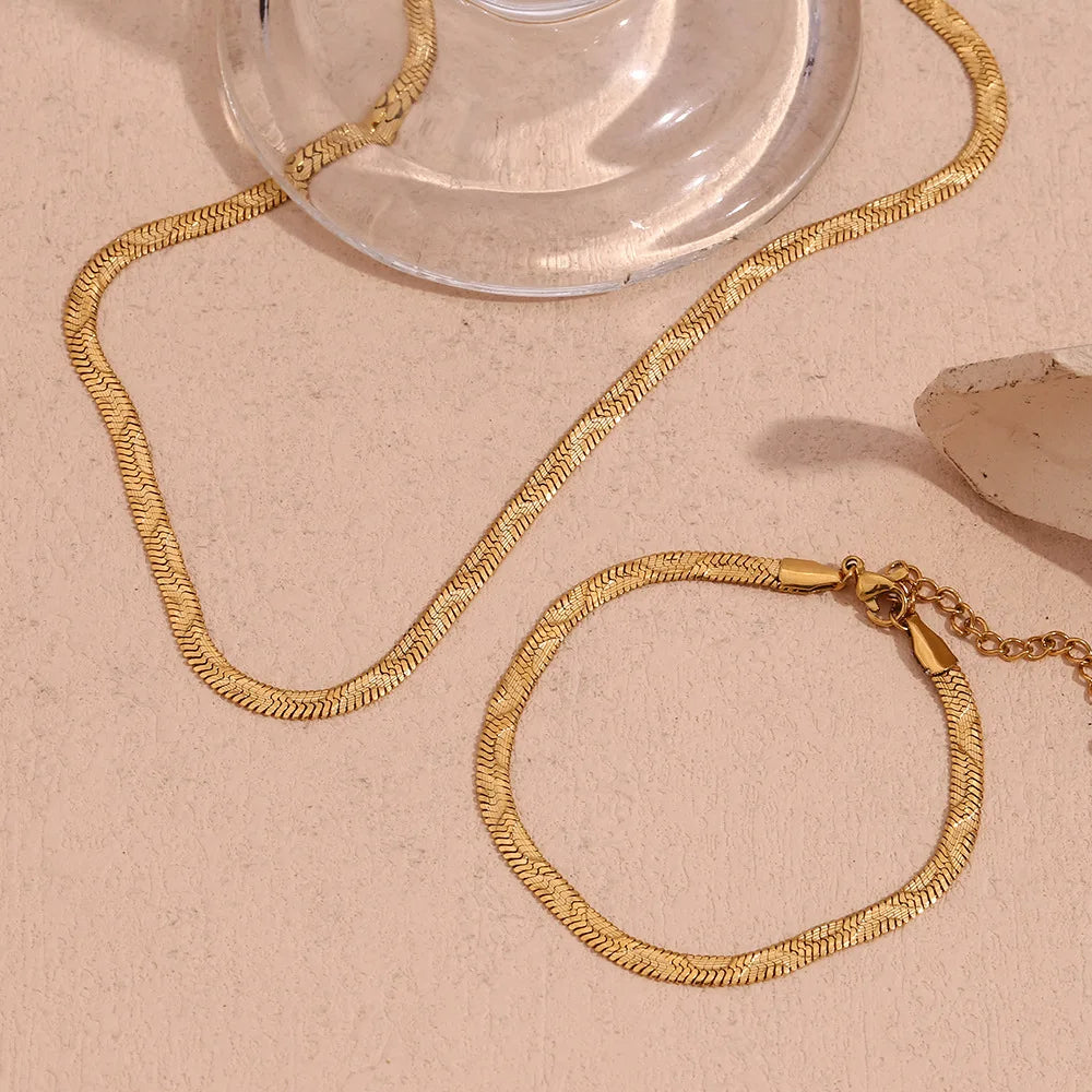 New Classic Stainless Steel Flexible 18K Gold Plated Flat Snake Chain Bracelet Men Women Short Herringbone Wave Chain Necklace