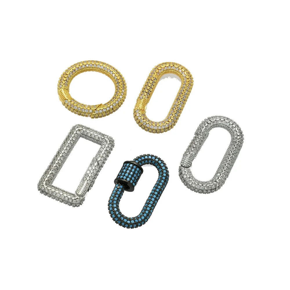 High Quality Full CZ Setting Rectangle Round Oval Shape Press Buckle Gold Silver Black Plating Fashion Carabiner Clasp
