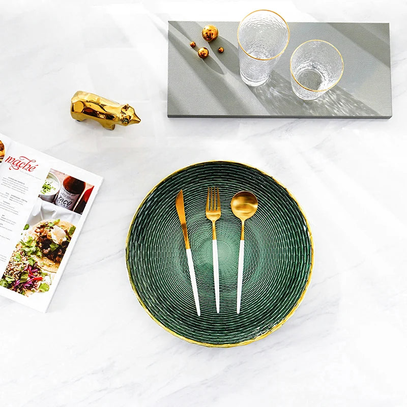 Wholesale Cheap 33cm Dark Green Glass Minimalist Dinner Plates for Business Gifts