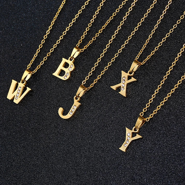 Trendy 18K Gold Plated A-Z 26 Alphabet Pendant Titanium Stainless Steel Zircon Initial Letters Necklace Jewelry for Women