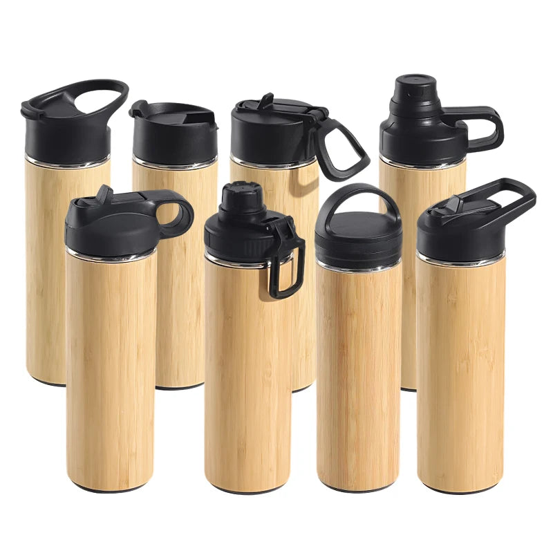 Wholesale Eco-friendly Stainless Steel Custom logo Travel Bamboo Water Bottle Thermos Bamboo Vacuum Flask Cup