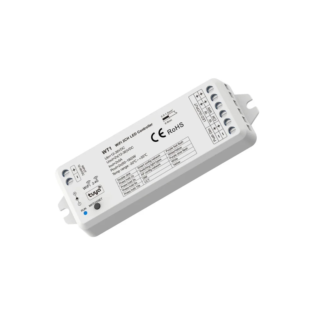 WT1 Tuya WiFi 2CH LED Controller Single Color/CCT Strip Light DC 12-36V 2.4G Wireless Dimmer Alexa Touch Panel RF Remote Control