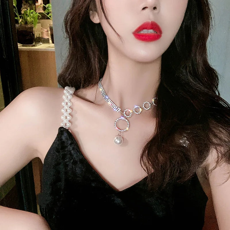 Full diamond large ring rhinestone chain women beauty white pearl pendant necklace women pearl necklace