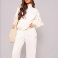 CreamColor Logo Embroidered Wide Leg Sweatpants Turtle  Neck Sweatshirt Two Pieces Set Women Autumn Tracksuits Outfit Low MOQ