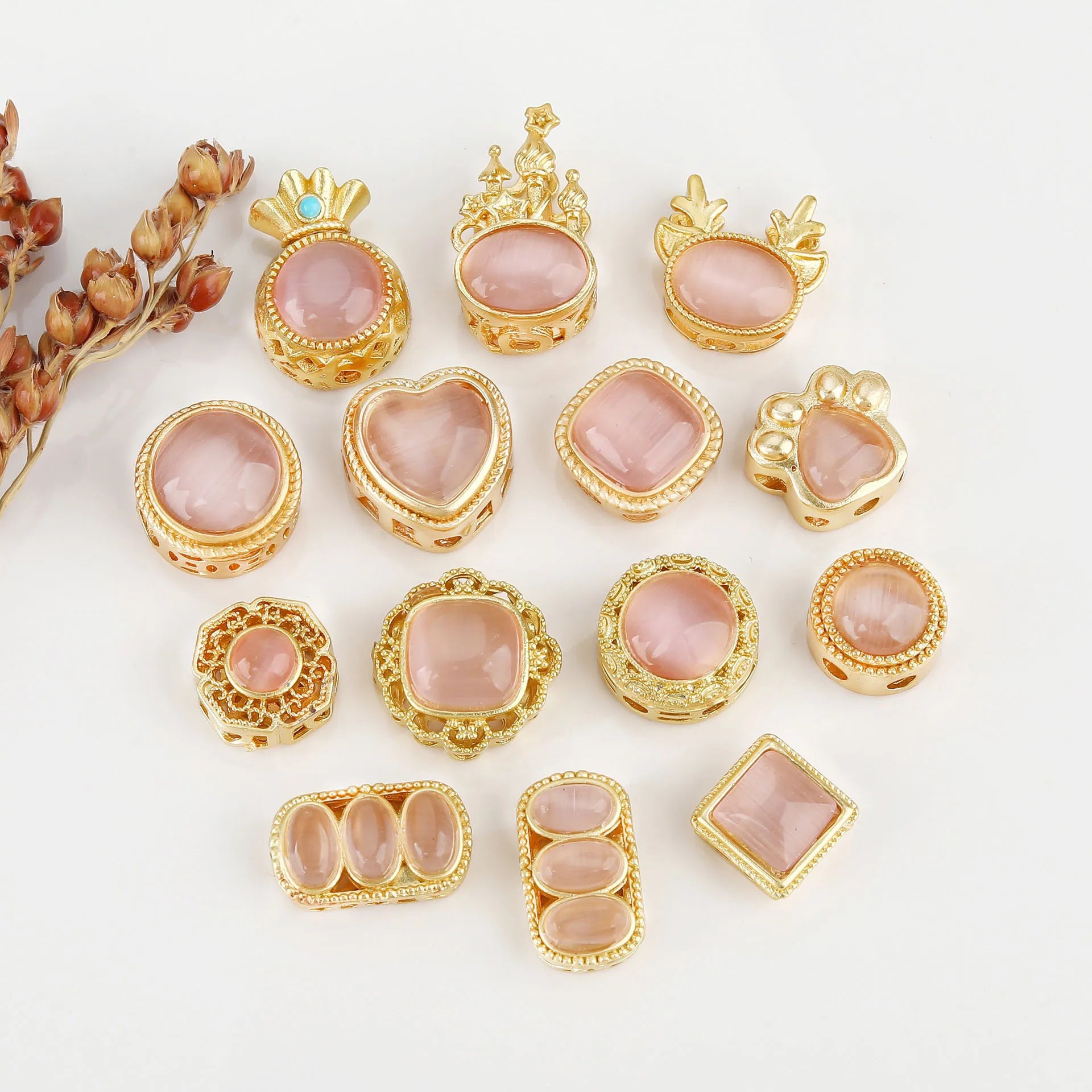 JS1741 Chic Matte Gold Plated Inlay Pave Cat's Eye Stone Gemstone Heart Square Round Bar Spacer Jewelry Beads