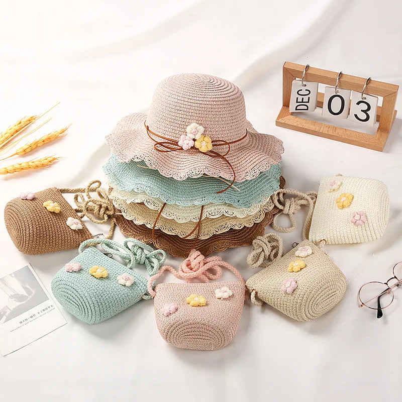 New Collection Straw Hat 2023 Kids Straw Hat Bag Set