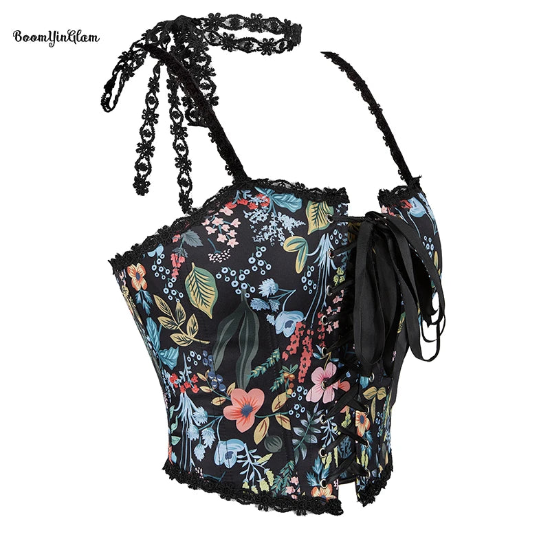 8 Glue Bones Black Satin Women's Lacing Bandage Bustier Lace Bow Tie Strap Vest Tank Top Corset Crop Top Plus Size