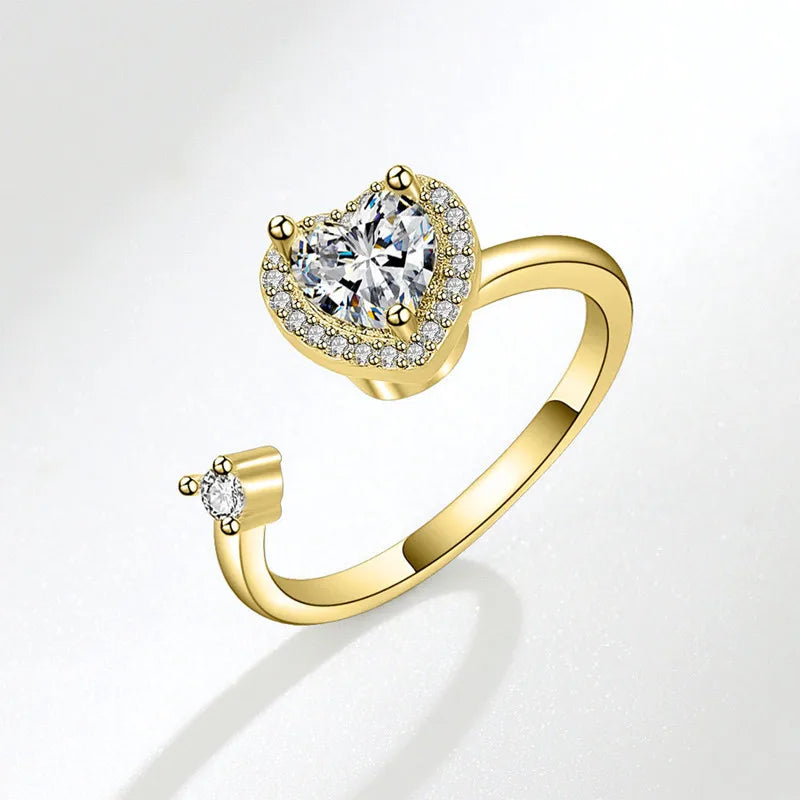 Hot Sale Adjustable Fidget Elegant Spinner Diamond Delicate Heart Shape Rotating Ring for Women Girls Anti Anxiety Gift