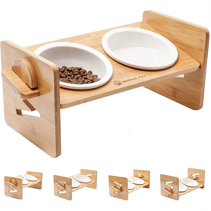 Wholesale Ceramic Wooden Frame Pink White Dog Bowl Custom Pet Food Water Feeder Bowl With Support for Dogs Cats