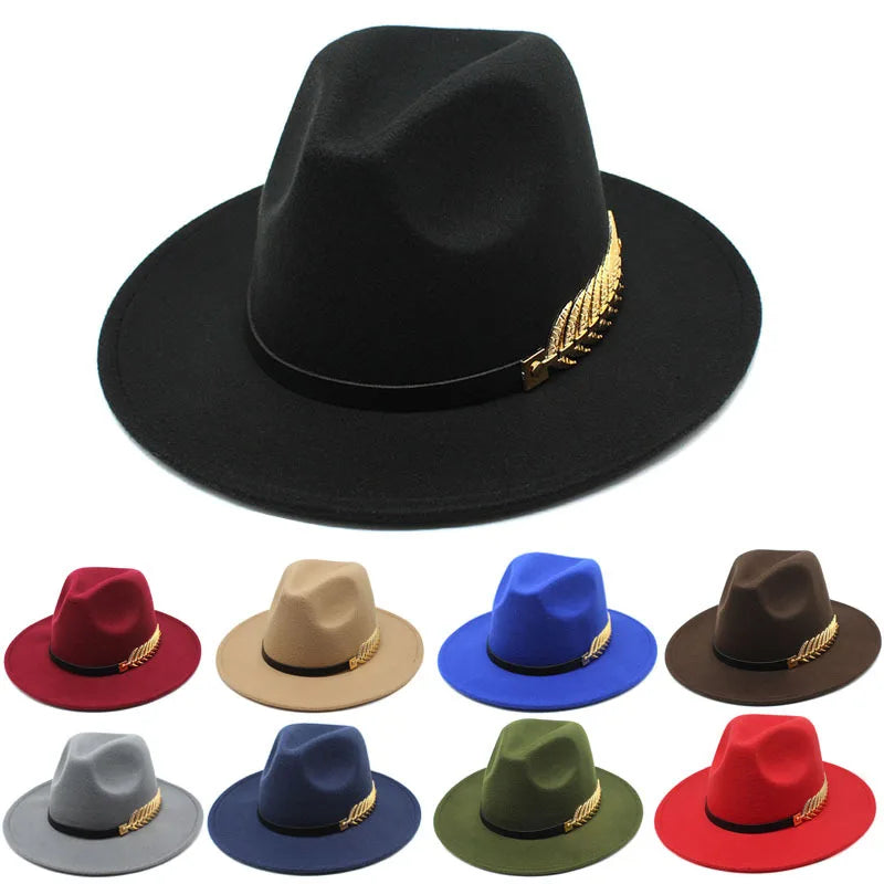 European American Gold Feather Decoration Women Imitate Woolen Fedora Hat Jazz Autumn Winter British Vintage Fedora Hats