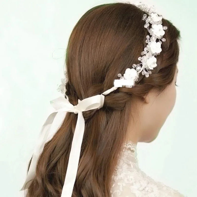 Bridal Handmade Headdress White Crystal Polymer Clay Headband Flower Wedding Hair Accessories