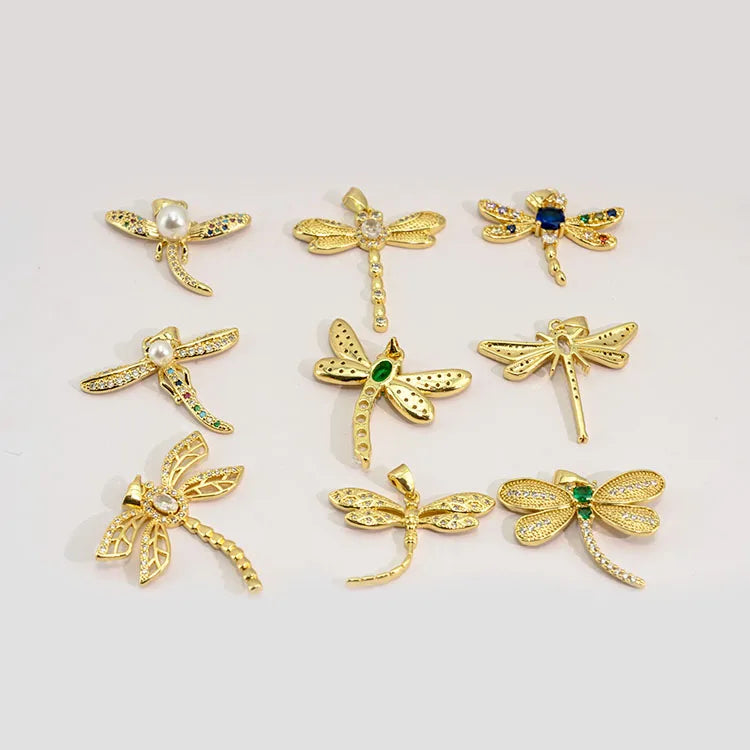 CZ8741 Unique 18k Gold Plated Crystal Cubic Zirconia CZ Diamond Pave Filigree Dragonfly Charm Pendants