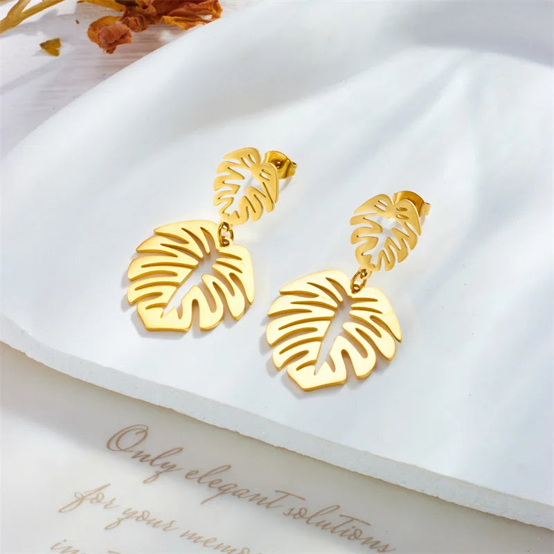New Anti Tarnish 18k Pvd Gold 316L Stainless Steel Earrings Hollow Out Leaf Shape Drop Earrings Trendy Jewelry