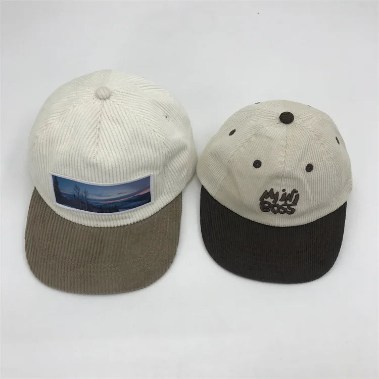 Low Profile Hat With Custom Patch Logo 5 Panel Flat Brim Unstructured Cap 100% Corduroy Fabric Hats
