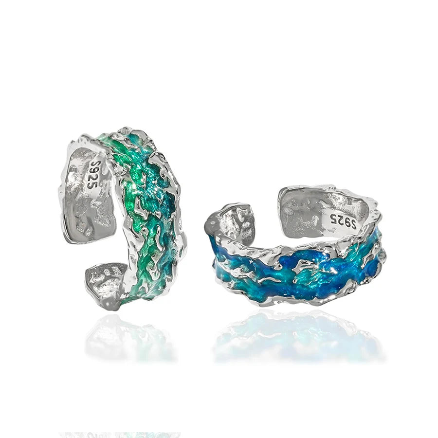 Original Texture Irregular 100% S925 Sterling Silver Open Ring Concave Convex Blue Green Luxury Drip Glaze Ring