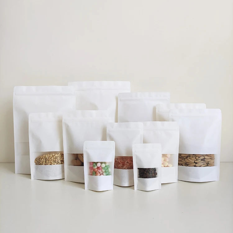 17x24cm All Size Food Storage White Kraft Paper Zipper Stand up Pouch Bag With Window