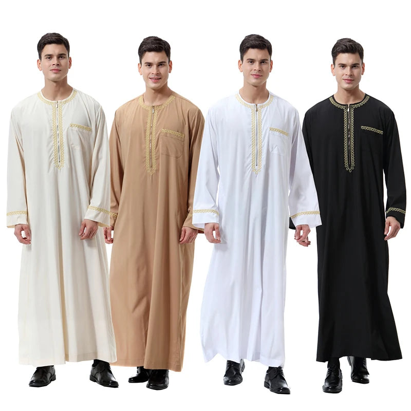 Middle East Thobe Men Muslim Solid Color Embroidered Round Neck Arab Men Thobes Islamic Clothing