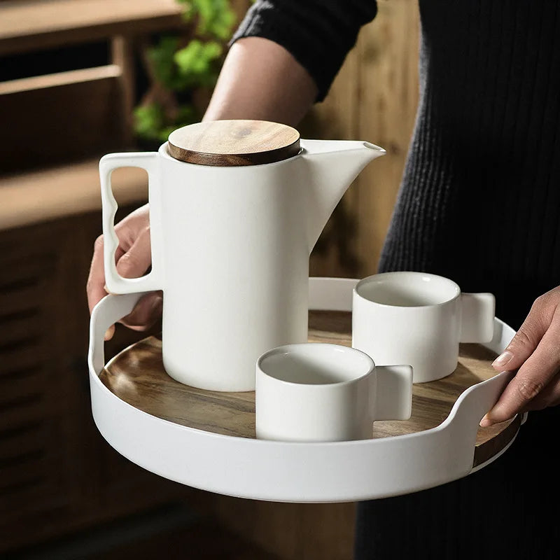 Nordic Eco-Friendly Ceramic Coffee & Tea Set with Wooden Tray 4-Jug Porcelain Kettle Simple Design 1 Liter Capacity Dwax Brand