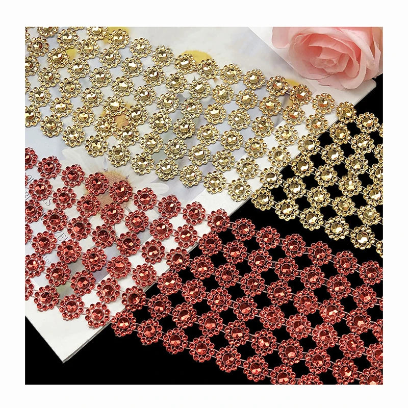 Diy Wedding Accessories 6 Rows Sunflower Plastic Drill Net Diamond Christmas Party Costume Embellishment Gold Red Net Lace