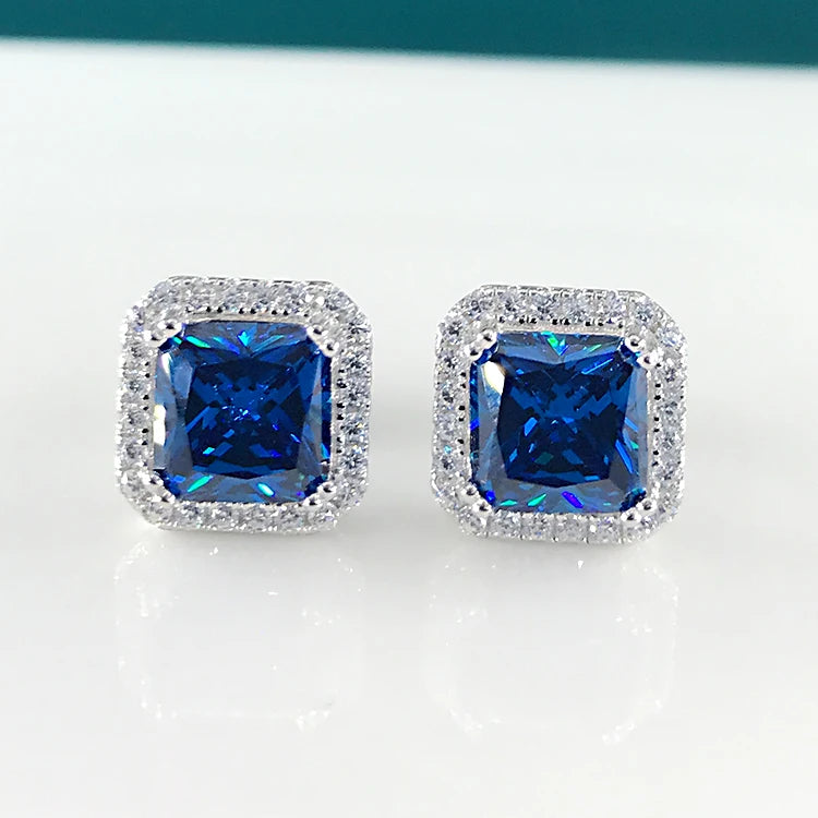 New Style Stud Earrings Jewelry Small Simple Square CZ Cubic Zircon Earrings S925 Silver Blue Gem Stud Earrings