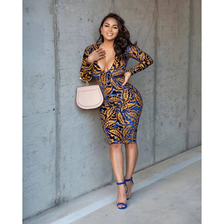 European and American Winter New Plus Size Dress V-Neck Printed Long Sleeved Casual Dress