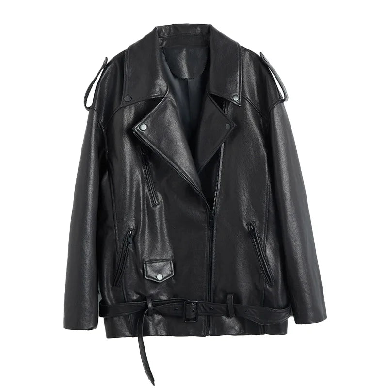 New Fashion Loose Classic Trench Coat Women Genuine Sheepskin Leather Jacket With Belt