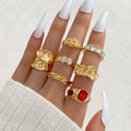 7Pcs/Set Classic Red Zircon White Zircon Irregular Geometric Design Ring Set for Women Jewelry