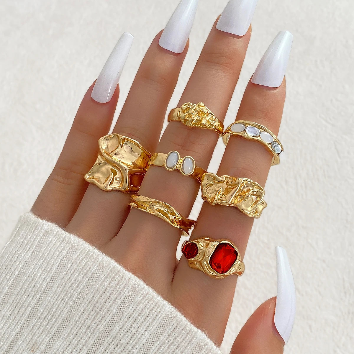 7Pcs/Set Classic Red Zircon White Zircon Irregular Geometric Design Ring Set for Women Jewelry