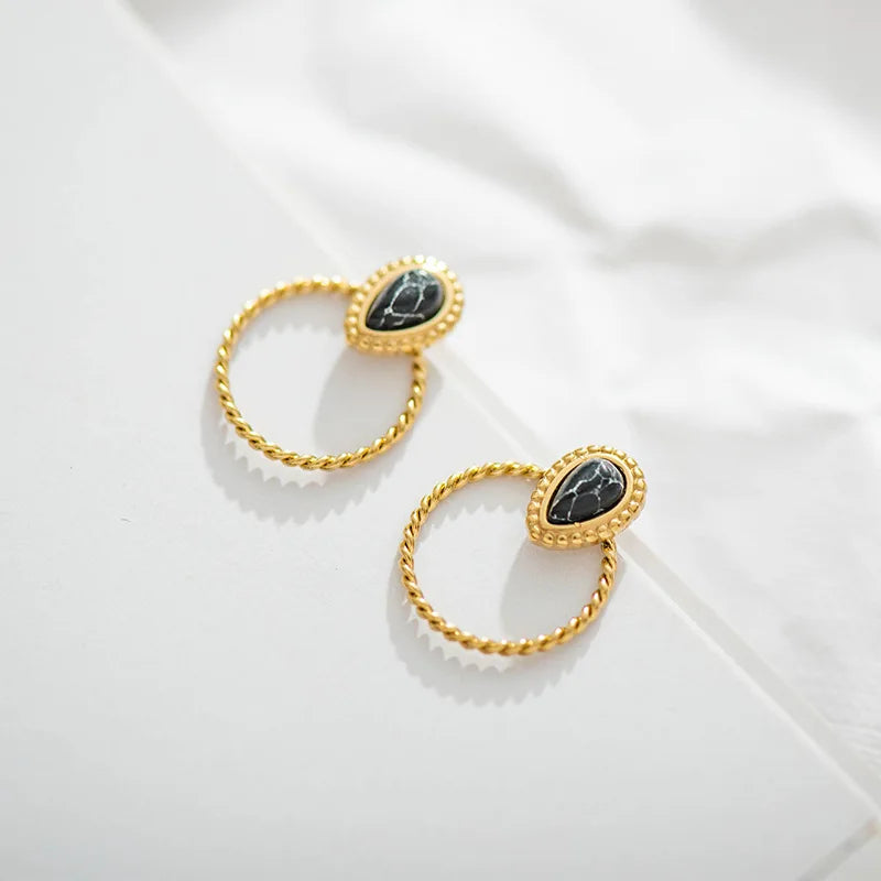 Unique Design Gold Plated Twisted Tear Drop Shape Black Stone Stud Earrings Stainless Steel Natural Stone Earring Jewelry