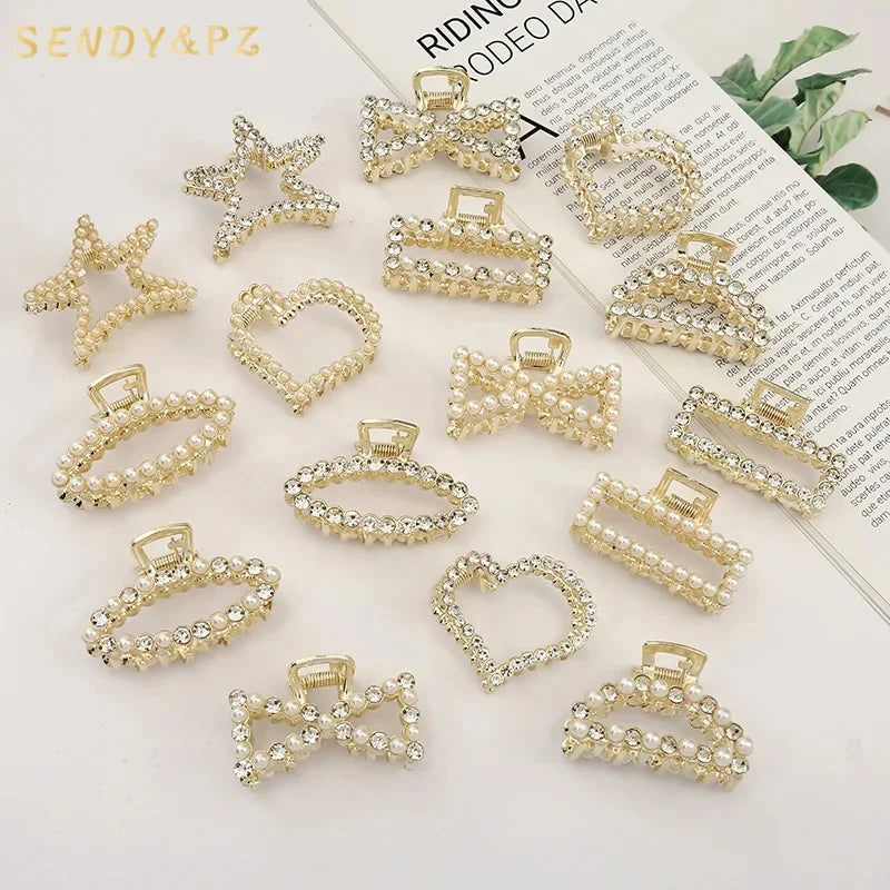 Korean Fashion Woman Small Pearl Rhinestone Metal Hair Claw Girls Flower Star Heart Shape Pentagram Geometry Hair Clips