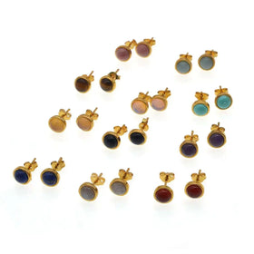 Charm Women Earring 7MM Round Gemstone Gold Plated Stud Earrings Amethyst Agate Beads Earring