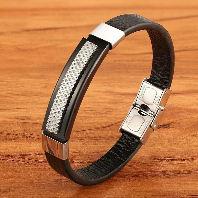 Fashion Simple Classic Stainless Steel Lock Bangle Personalized Single Woven Leather Bracelet for Men Jewelry Party Gifts