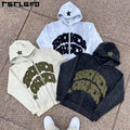 Custom Graphic Zipper Vintage Embroidery Patchwork Heavyweight Distressed Applique Patch Stone Acid Wash Zip up Cropped Hoodi