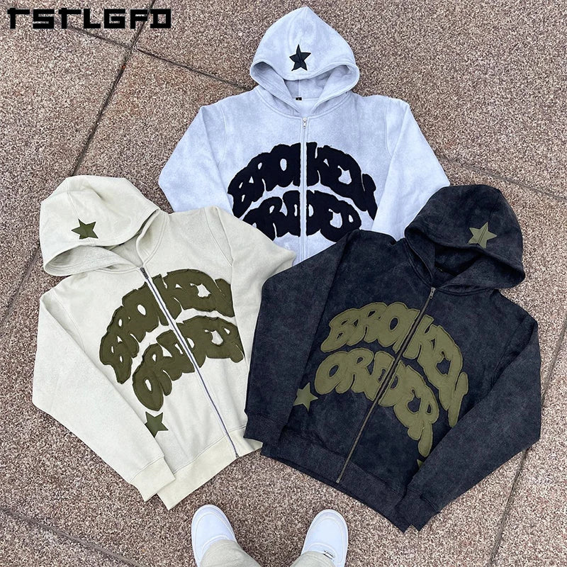 Custom Graphic Zipper Vintage Embroidery Patchwork Heavyweight Distressed Applique Patch Stone Acid Wash Zip up Cropped Hoodi