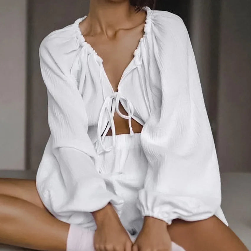 Enyami Custom Cotton Comfortable Cardigan Homewear Clothes Pure Long Sleeve Shorts Loose Shorts Breathable Pajamas Women Sets