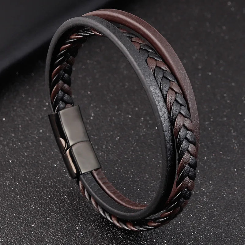 Stainless Steel Black Color Bangle Fashion Leather Bracelet for Men Jewelry
