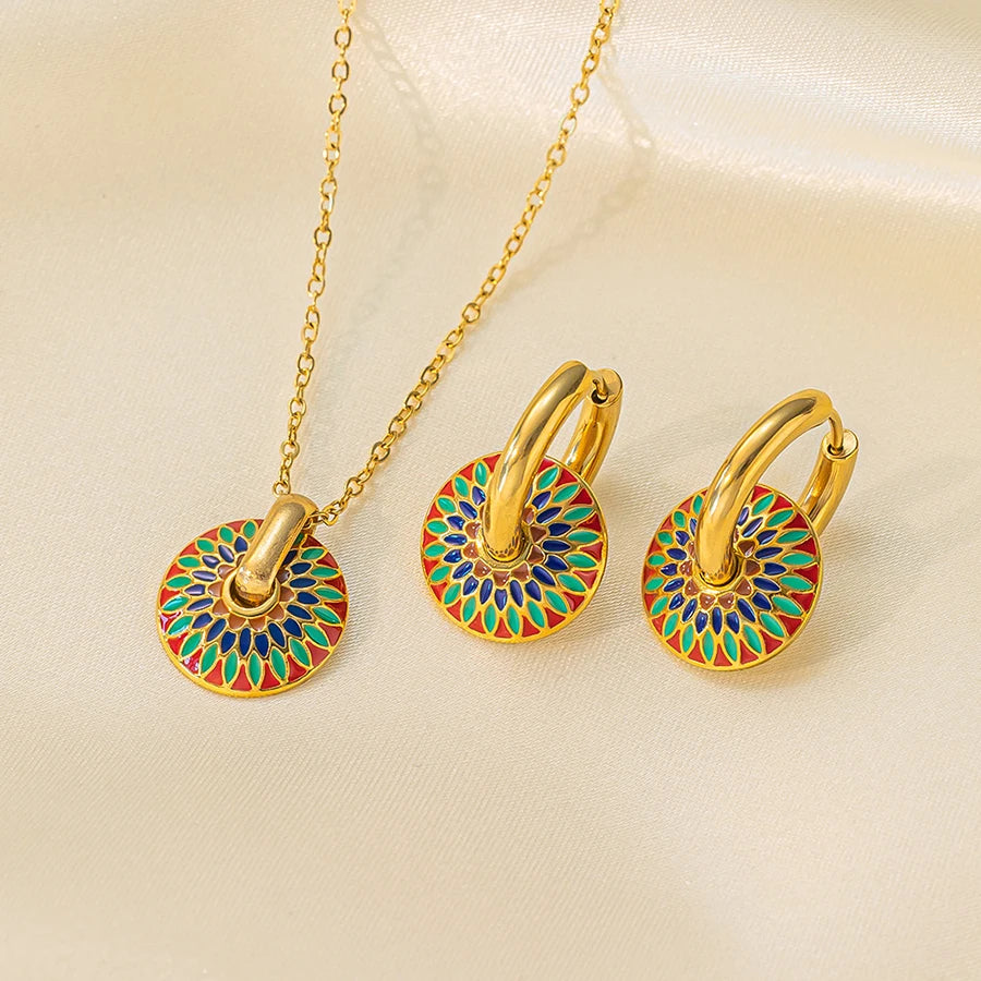 Stainless Titanium Steel Necklace Sets  Gold Painted Daisy Compass  Fashion Earrings Necklace Jewelry Set
